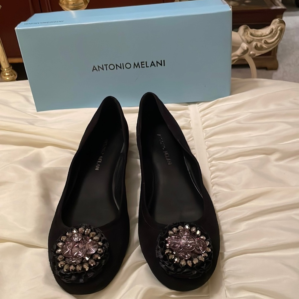 NWOT Antonio Melani Black Suede Bejeweled Ballet Flats